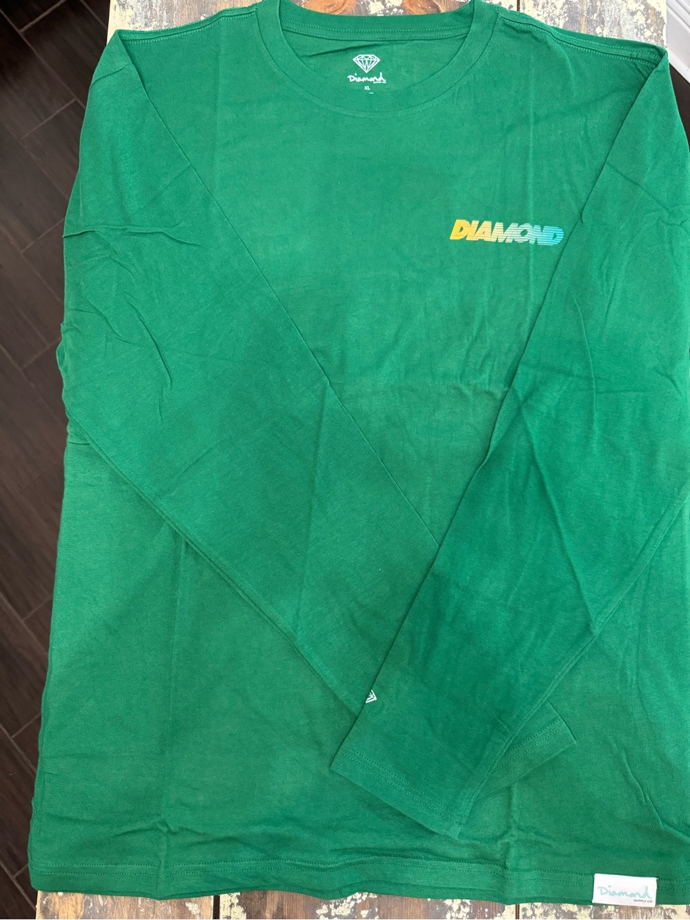 Diamond Supply Co. Teal Script Label on Green Tee